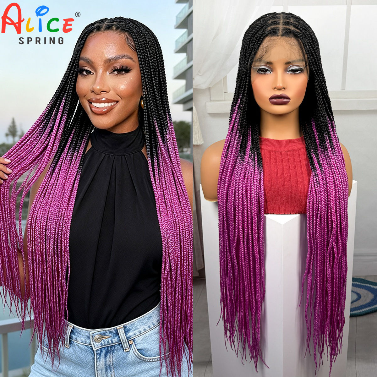 Synthetic Braided Wigs For Black Women - 36 inç Uzun Pembe Renkli Kutu