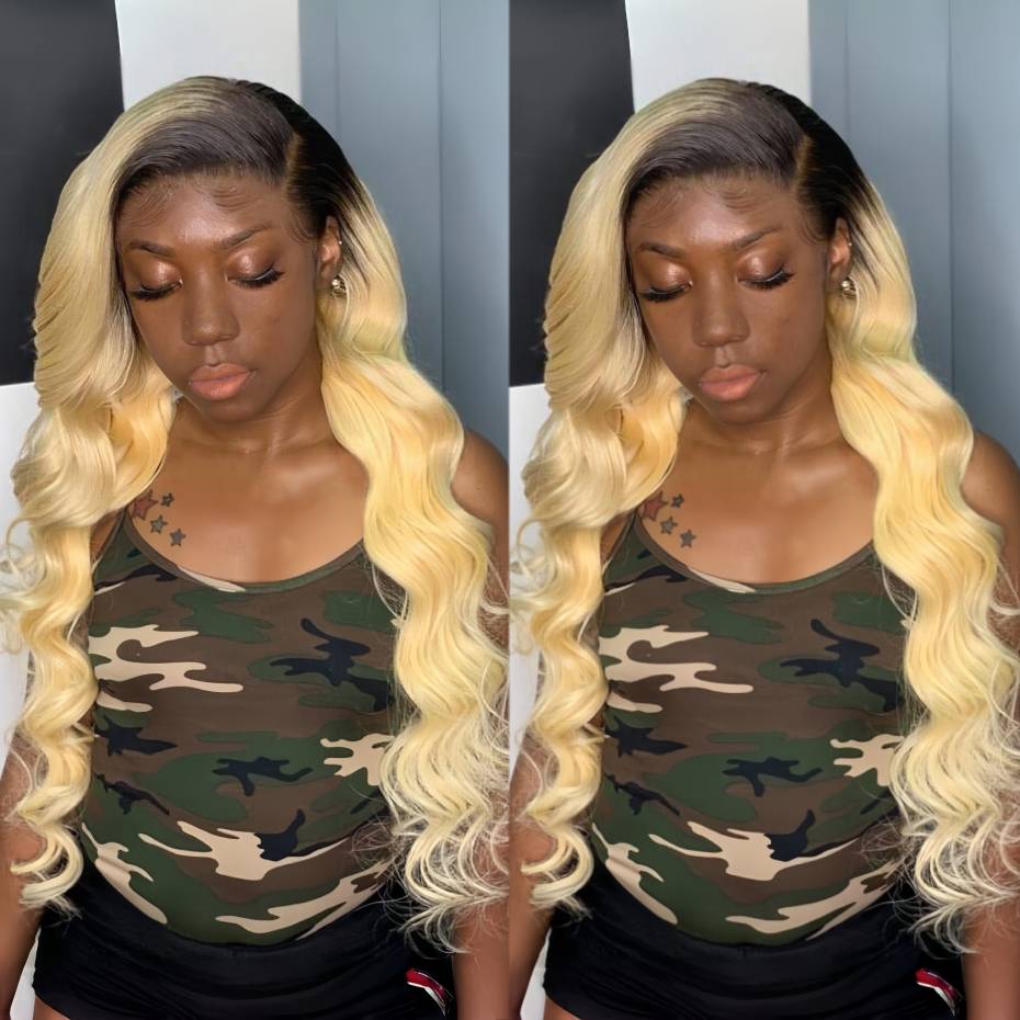 613 Blonde Body Wave Lace Front Wig - 1B 613 Sarı Ombre Gerçek Saç