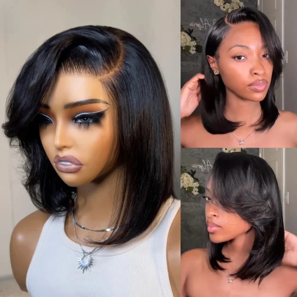 Pre Parted 13X4 Lace Front Bob Wig - Siyah Kısa Bob Düz Peruk, Kaküllü