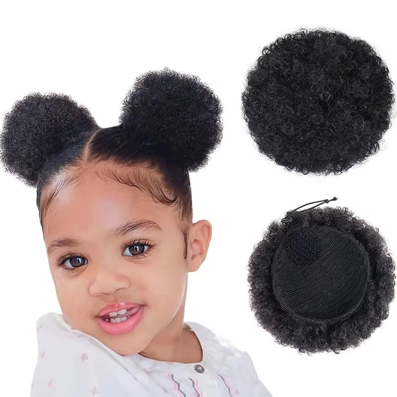 Drawstring Afro Curly Puff Ponytail - 1 Adet/Paket Çocuklar İçin Doğal Siyah
